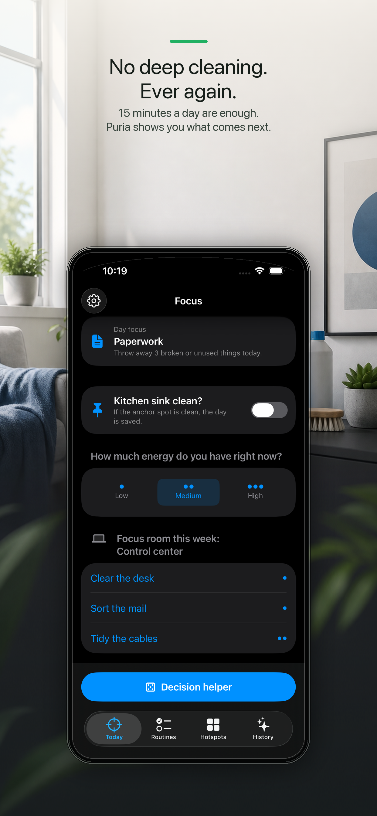 Puria app screen presenting short cleaning sessions instead of deep cleaning
